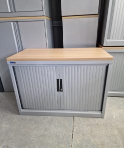 Silverline Tambour Door Office Storage Metal Cabinet +Shelf Wood Top